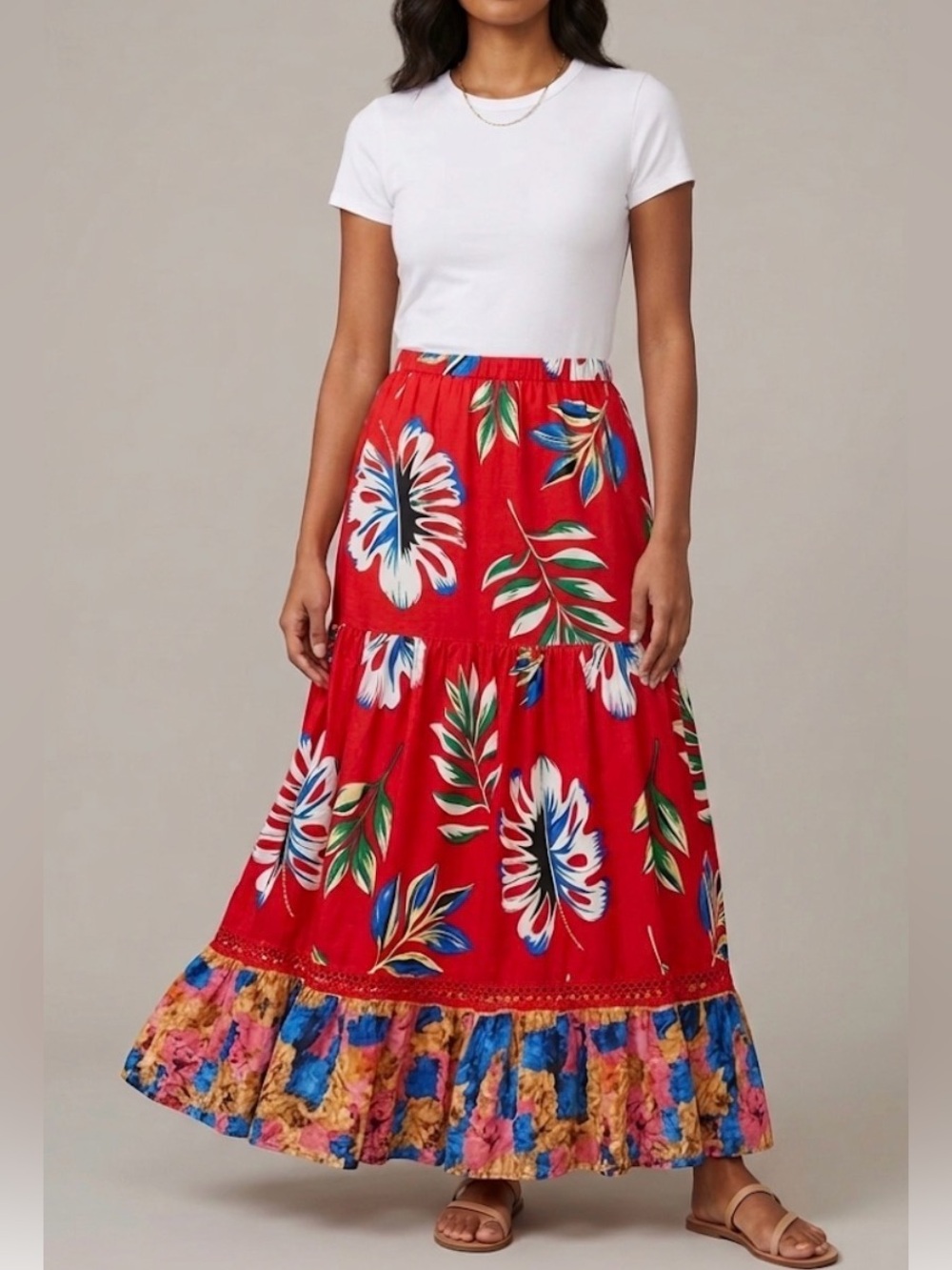 Solitaire Floral Boho Maxi Skirt Red Multi Colored Tropical Vacation Summer Sz S